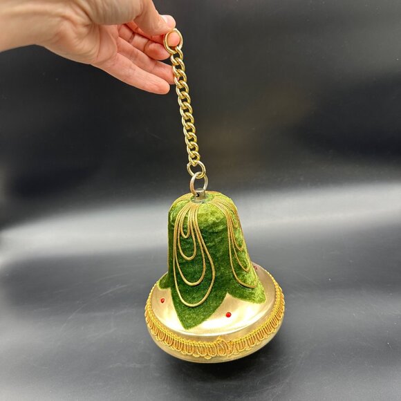 Vintage Green Velvet Gold Christmas Bell Music Box Hanging Decoration Japan - Picture 10 of 11